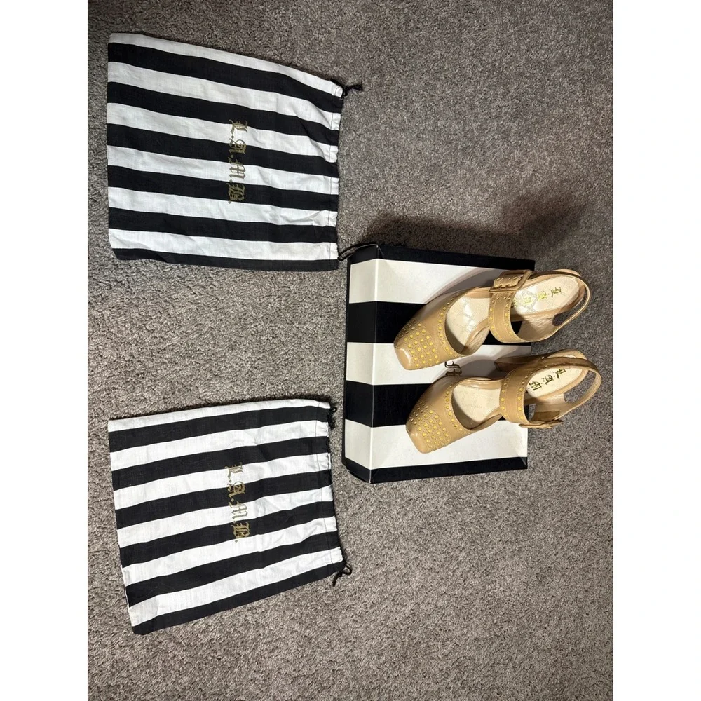 LAMB Gwen Stefani Tan Beige Yellow Perforated Platform Mary Jane Heels Pumps 6.5
